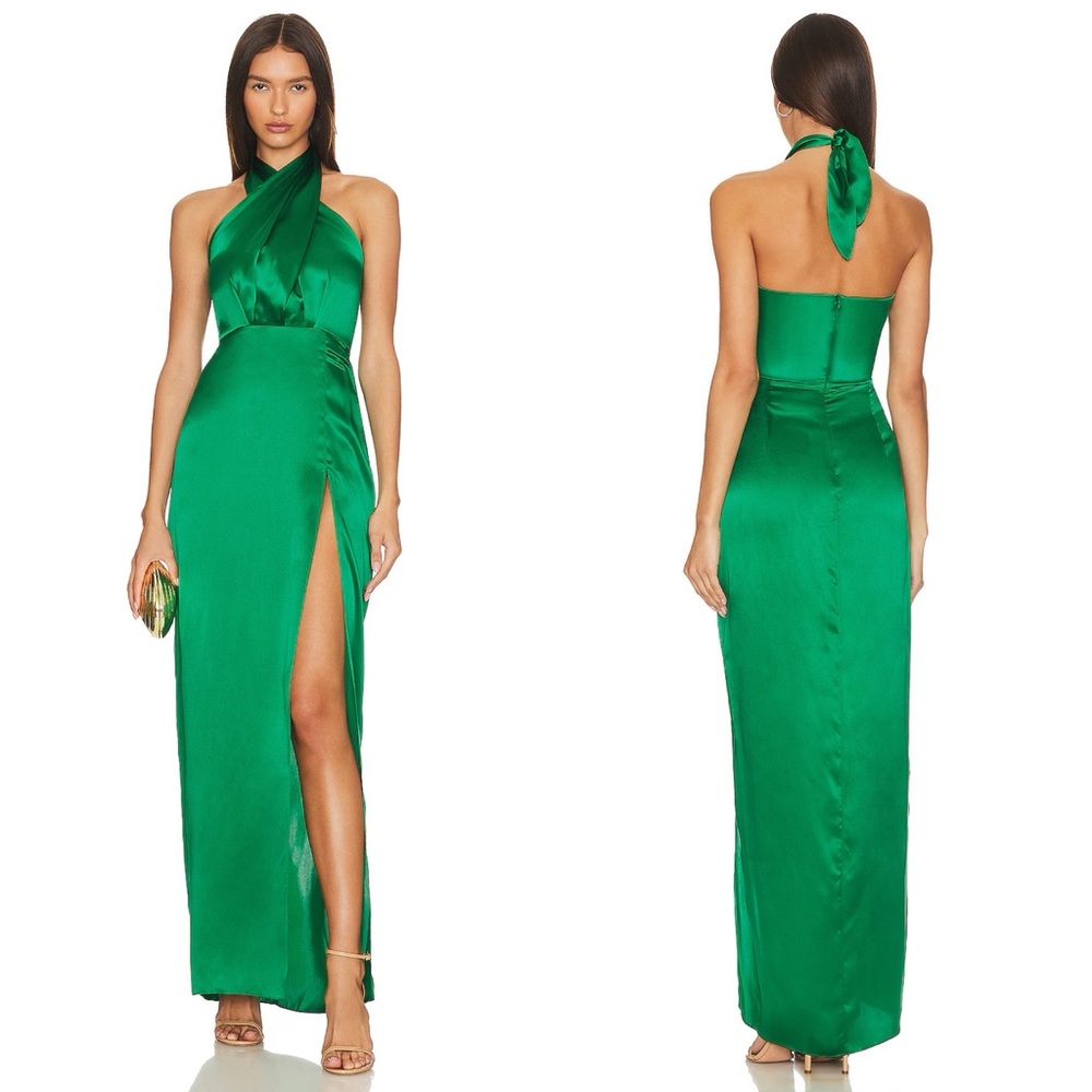Amanda Uprichard X Revolve Mezcal 100% Silk Maxi Gown In Dark Green